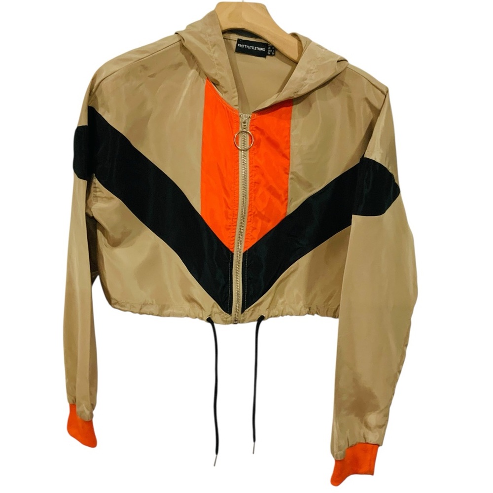 Prettylittlethings Tan Color Block Crop Track Jacket Sz 6 Athleisure